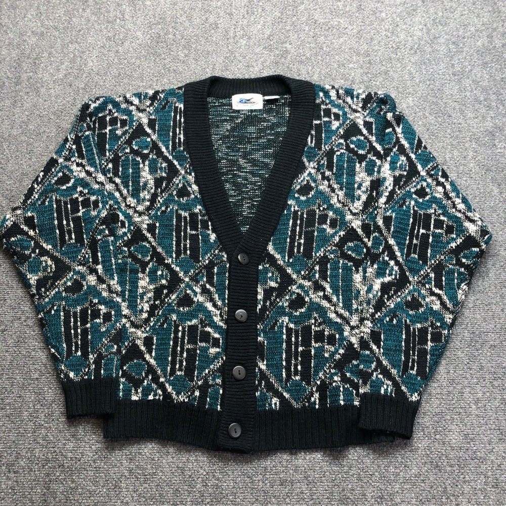 Vintage American Crusader Men Teal Black Geometric Diamond Knit Cardigan Sweater